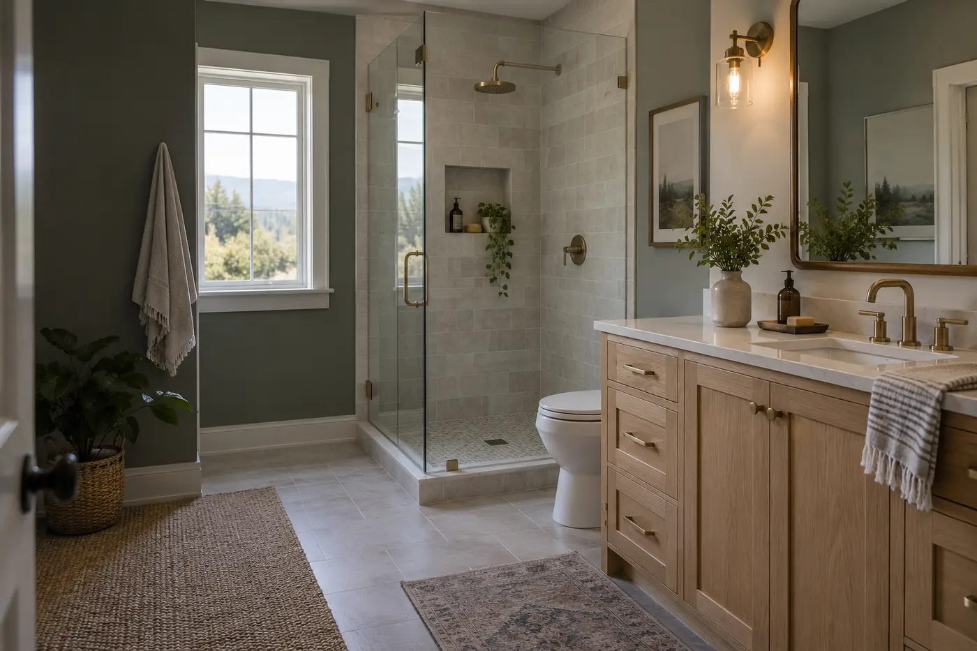 Warm, renovated bathroom with a glass shower and white oak vanity